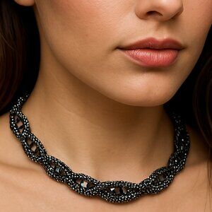 Sparkling Crystal Rhinestone Necklace – Gunmetal Twisted Chain Statement Jewelry